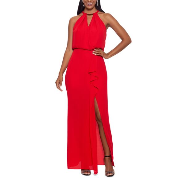Xscape Red Chiffon Evening Gown Size 8 Cut Out Thigh Slit Ruffled Formal Dress - Picture 11 of 13